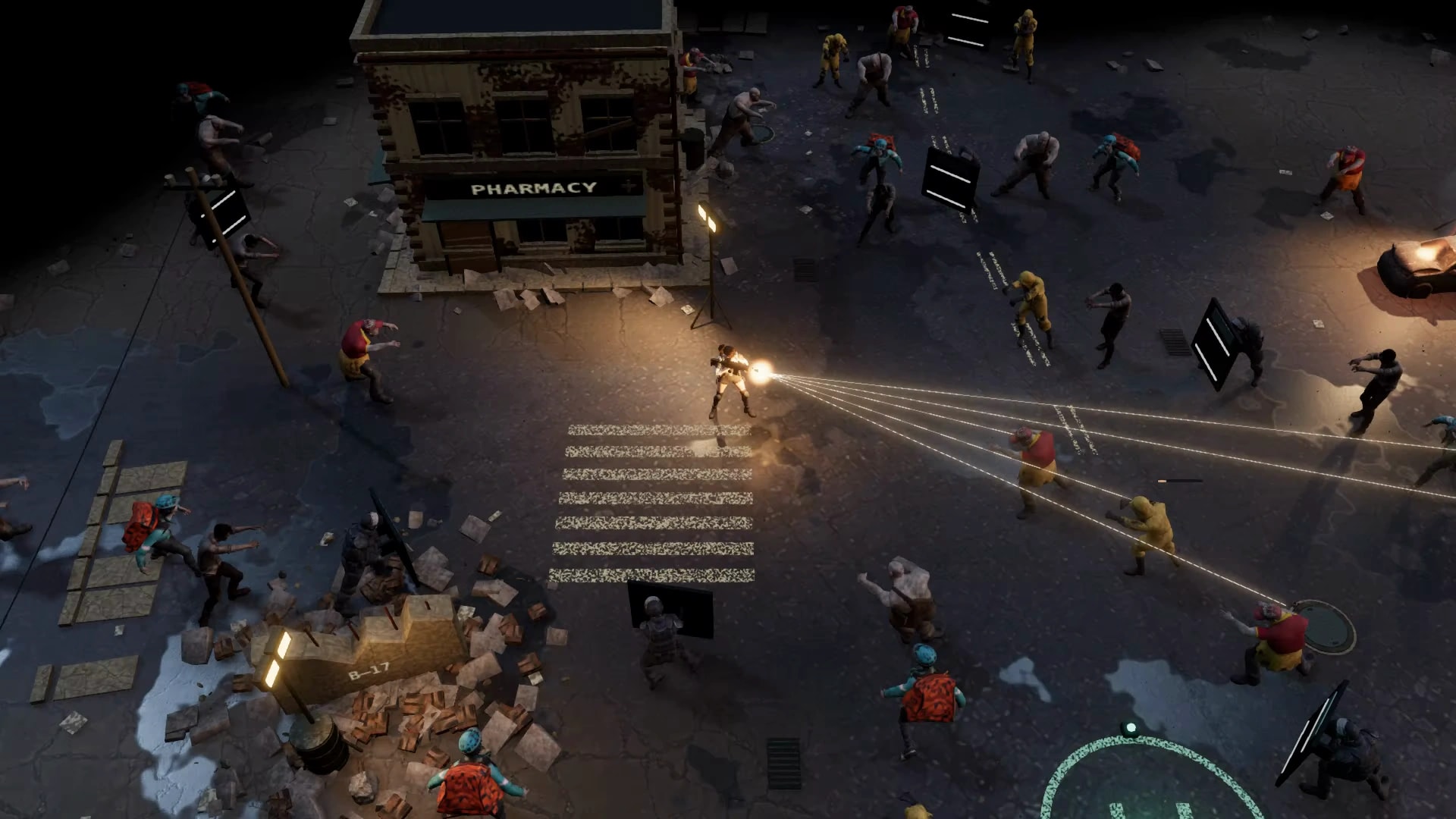 A survivor faces zombies on a ruined city street.