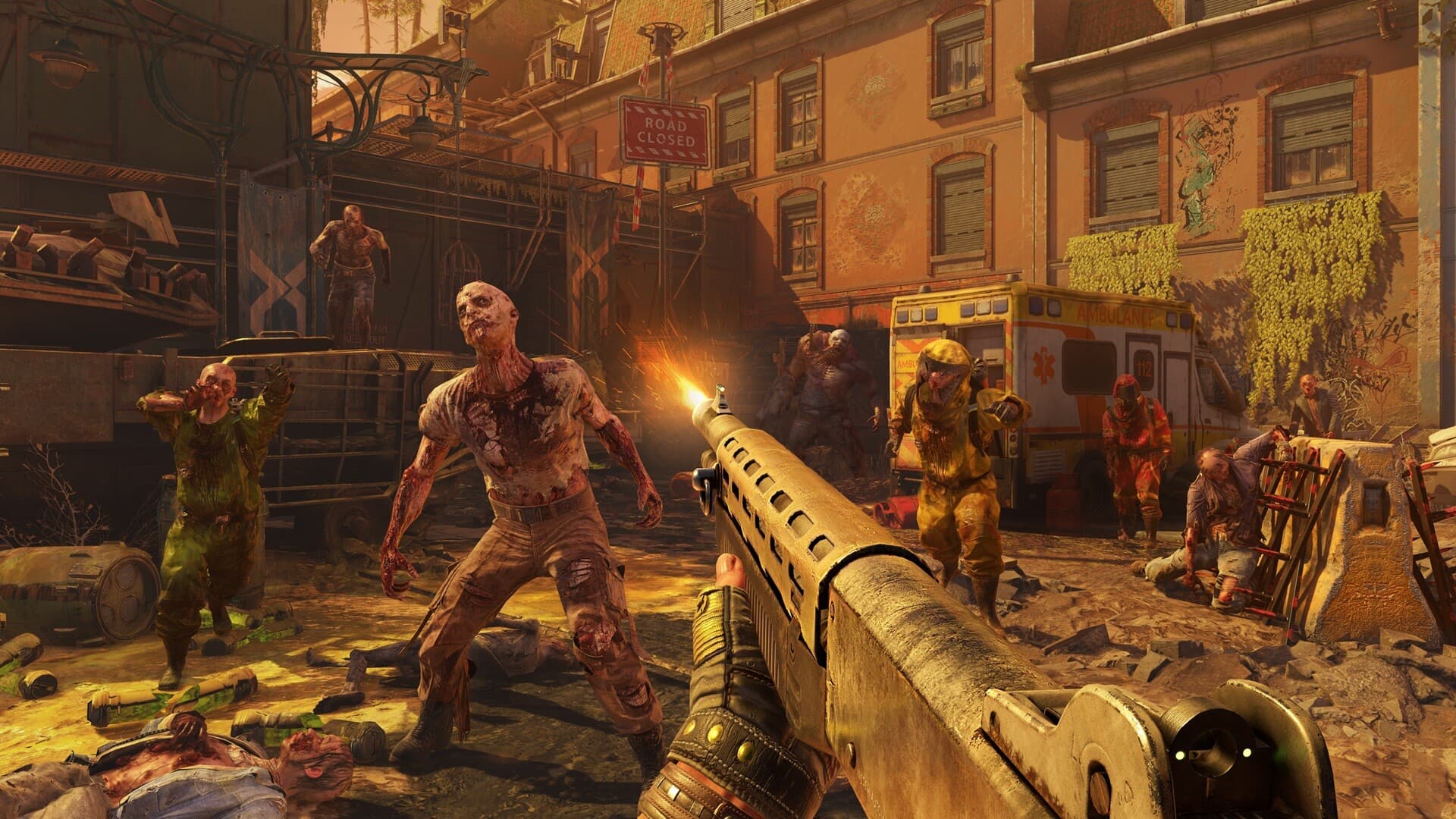 A first-person shotgun fires toward infected beside an ambulance on a ruined city street in Dying Light 2.