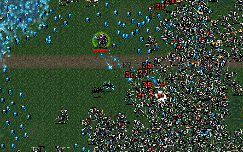 Eine Pixel-Art-Figur steht auf einer grünen Wiese inmitten einer dichten Skelett-Horde; Erfahrungsedelsteine, Gesundheit und Fähigkeitseffekte sind sichtbar.