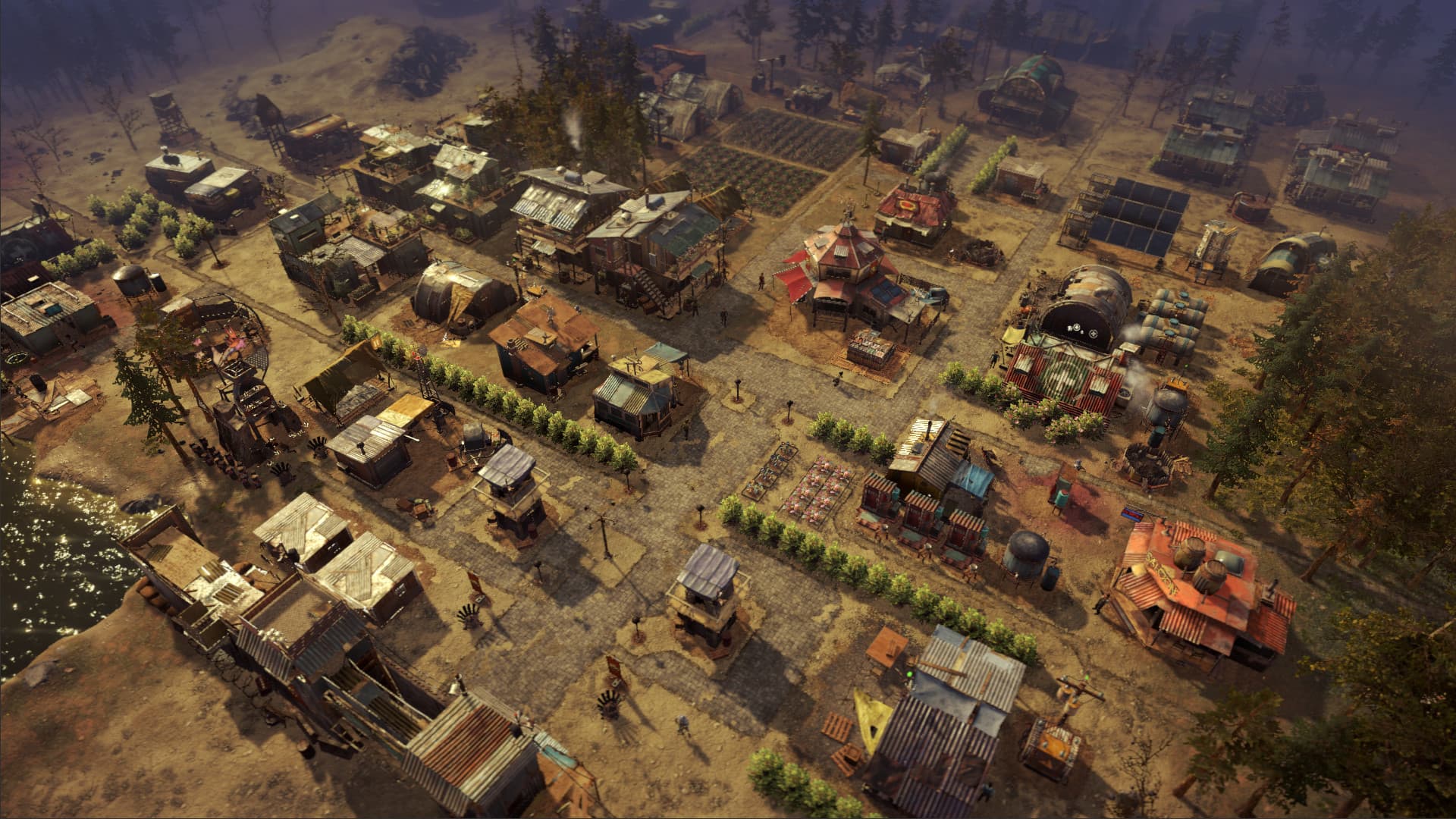 Surviving the Aftermath surface colony with roads, housing, crop fields, solar panels and utility buildings.