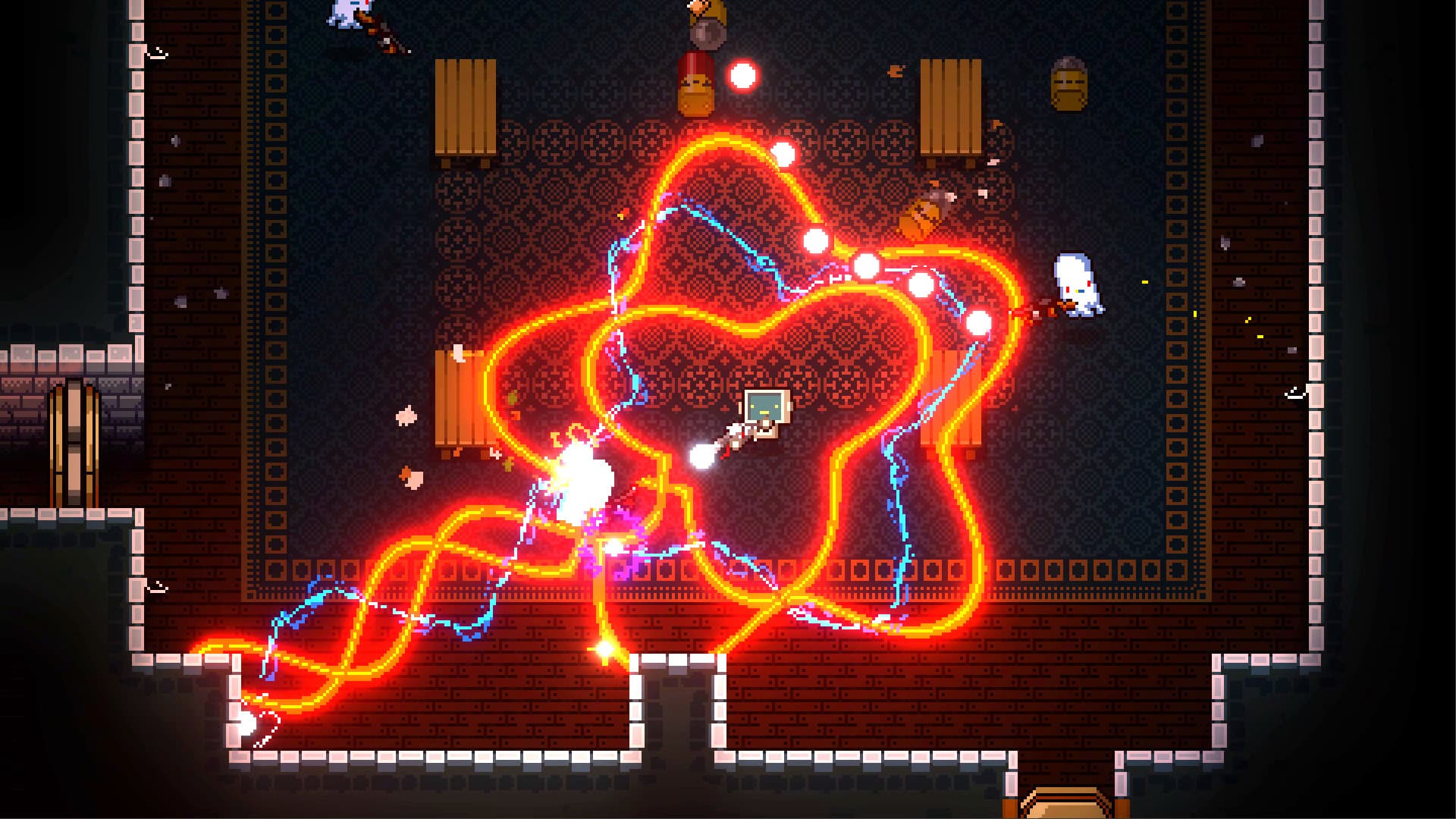 Enter the Gungeon gameplay with the hero firing through looping enemy projectiles in a dungeon room.