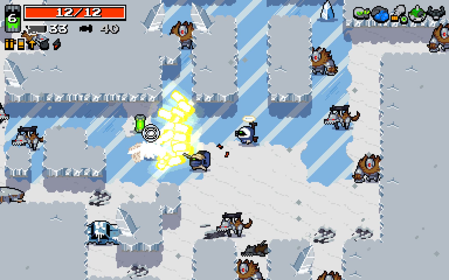 Nuclear Throne gameplay showing a mutant firing in an icy arena with weapons and ammunition on the HUD.