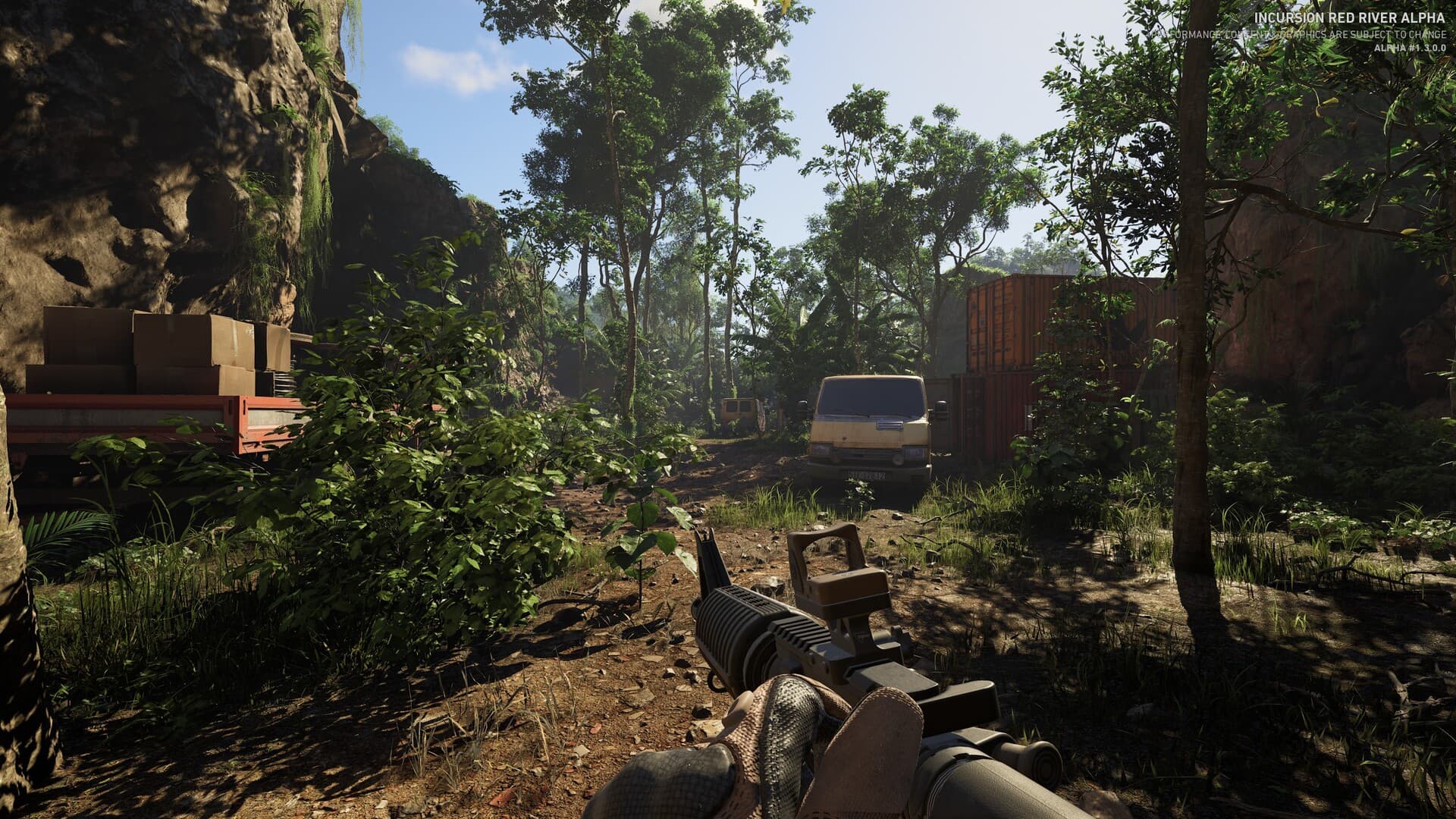 Incursion Red River first-person rifle on a wooded road