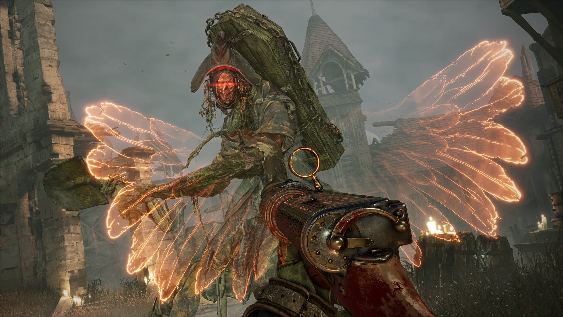 Witchfire first-person weapon aimed at a glowing supernatural enemy