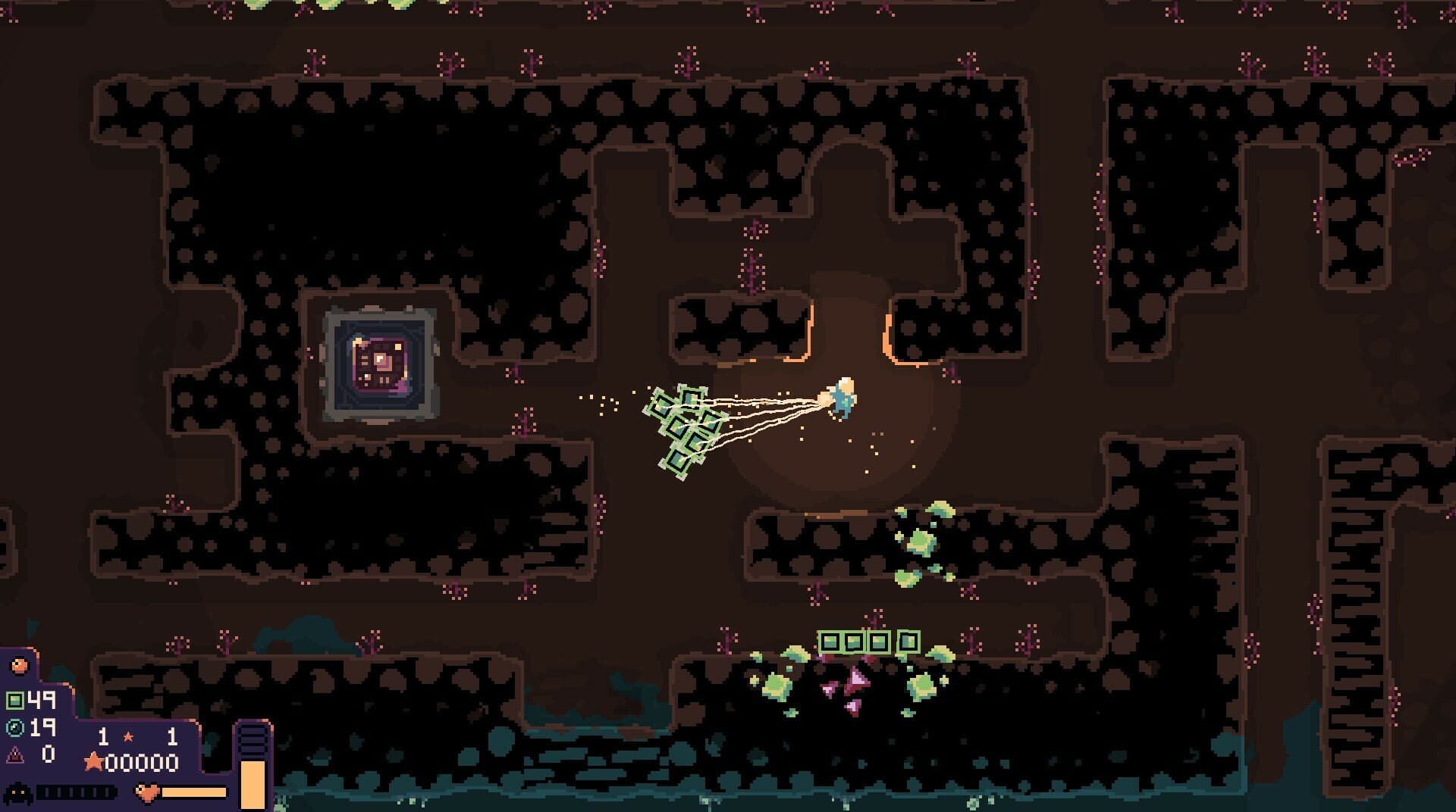 A Dome Keeper carries mined resources through an excavated tunnel toward the surface.