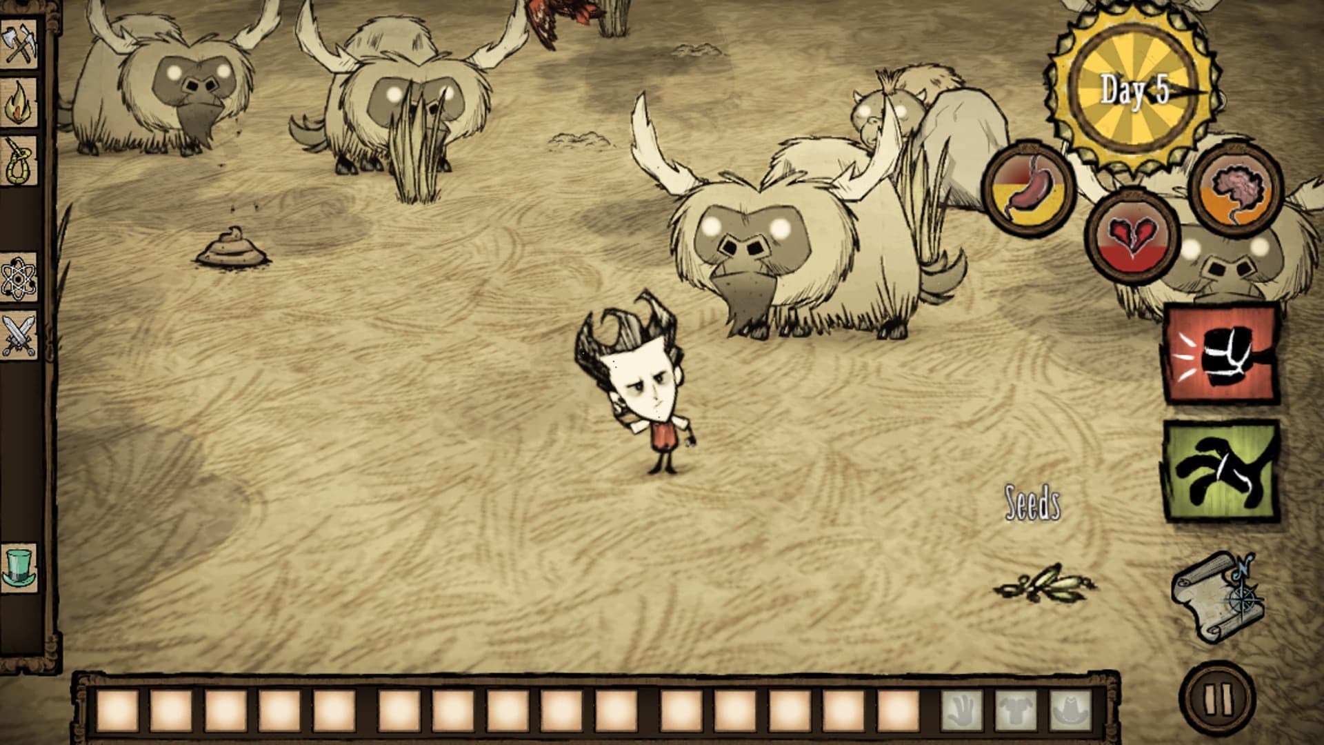 Gameplay aus Don't Starve: Pocket Edition: Wilson steht nahe Beefalo; Hunger- und Gesundheitsanzeigen, Inventar, Crafting-Symbole und mobile Steuerung sind sichtbar.