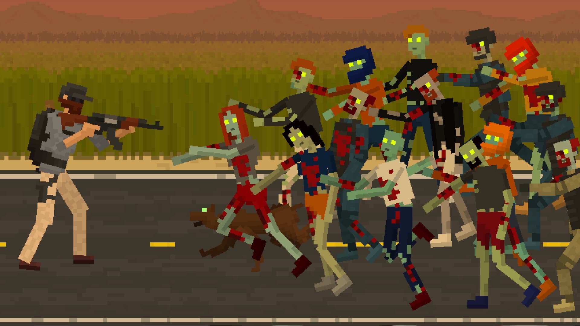 A rifle-armed survivor faces a tightly packed group of pixel-art zombies on a road in They Are Coming.