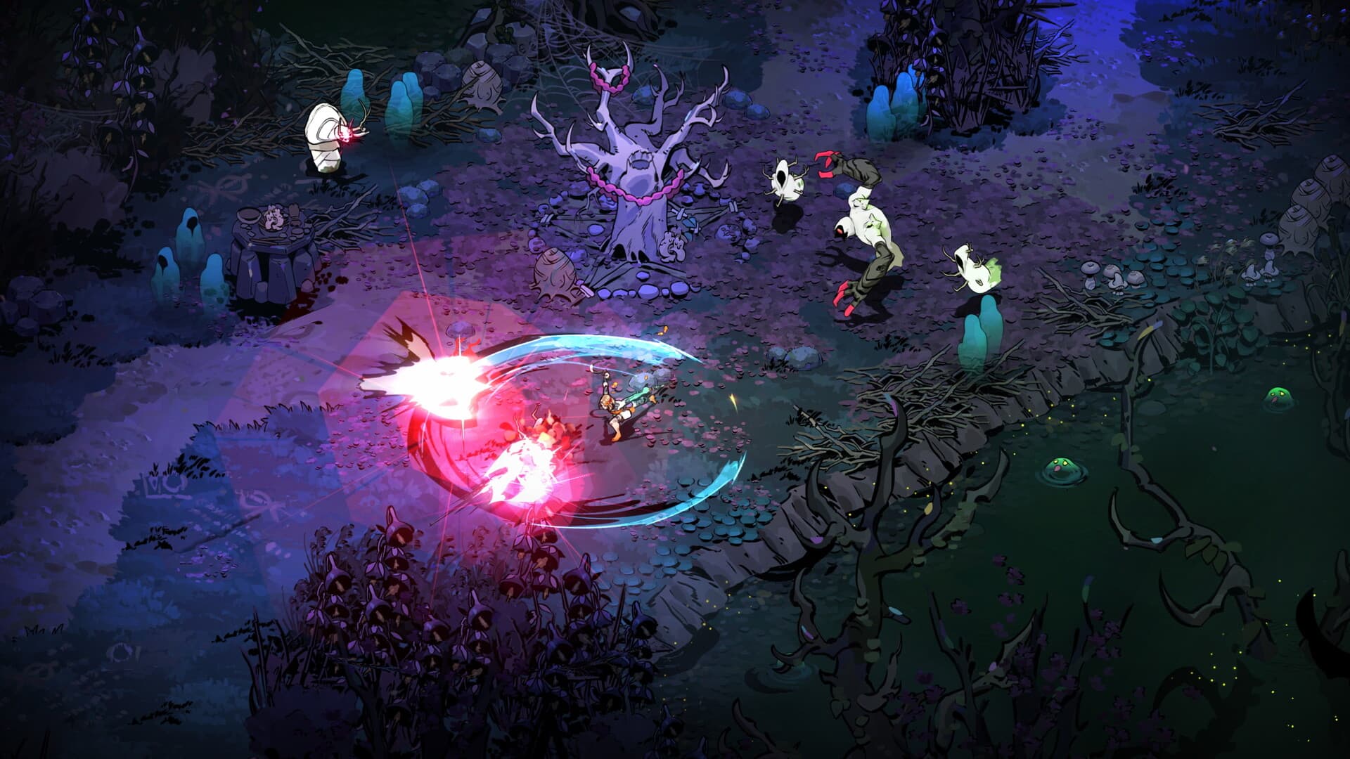 Melínoe golpea con un arma a varios enemigos en una arena boscosa y oscura de Hades II.