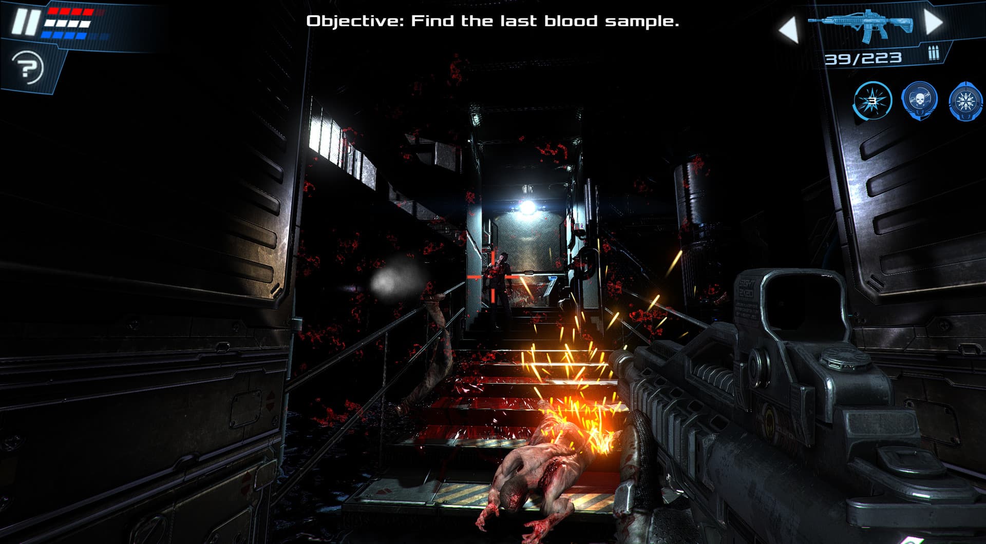 In Dead Effect 2 zielt ein Gewehr aus der Ego-Perspektive eine Treppe hinauf auf Gegner; Missionsziel und Munitionsanzeige sind sichtbar.