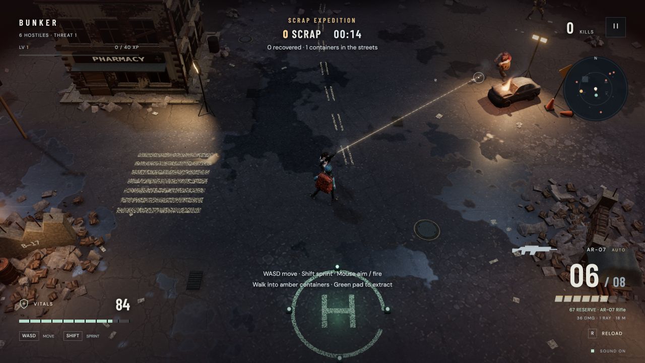 A burning wreck lights the top-down combat area as the player moves through zombies