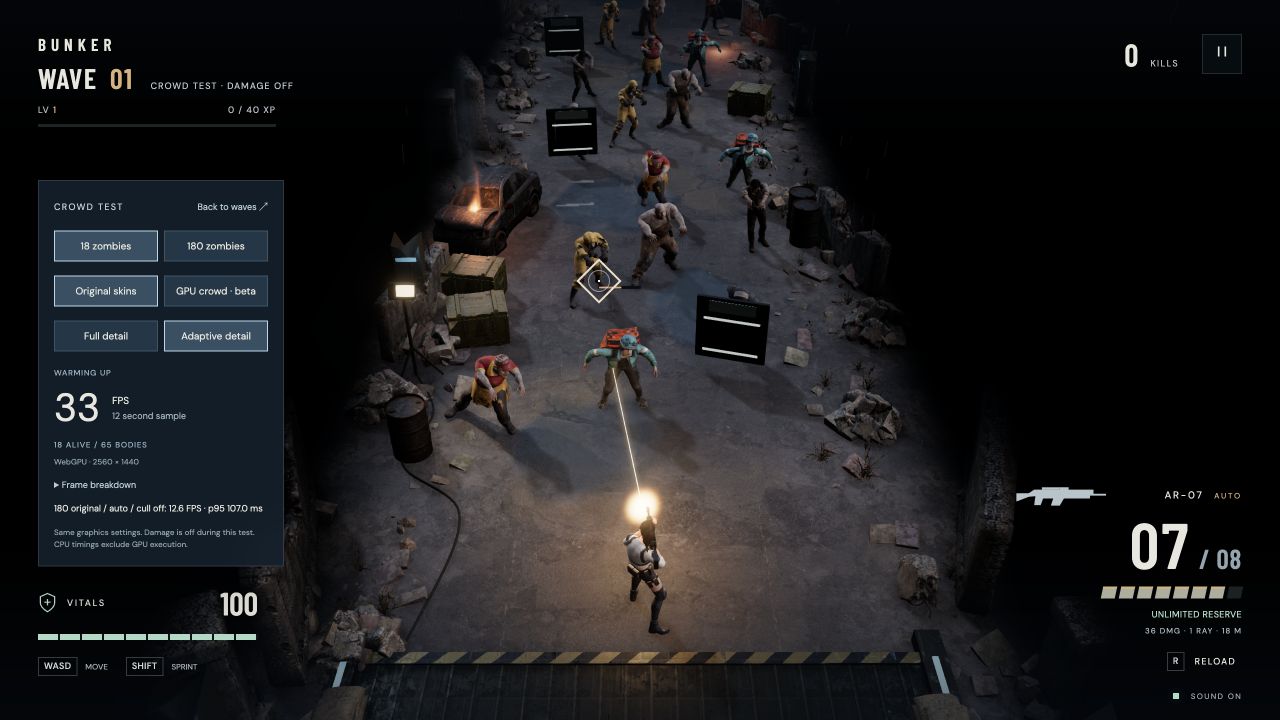 A survivor fires into an approaching zombie horde.