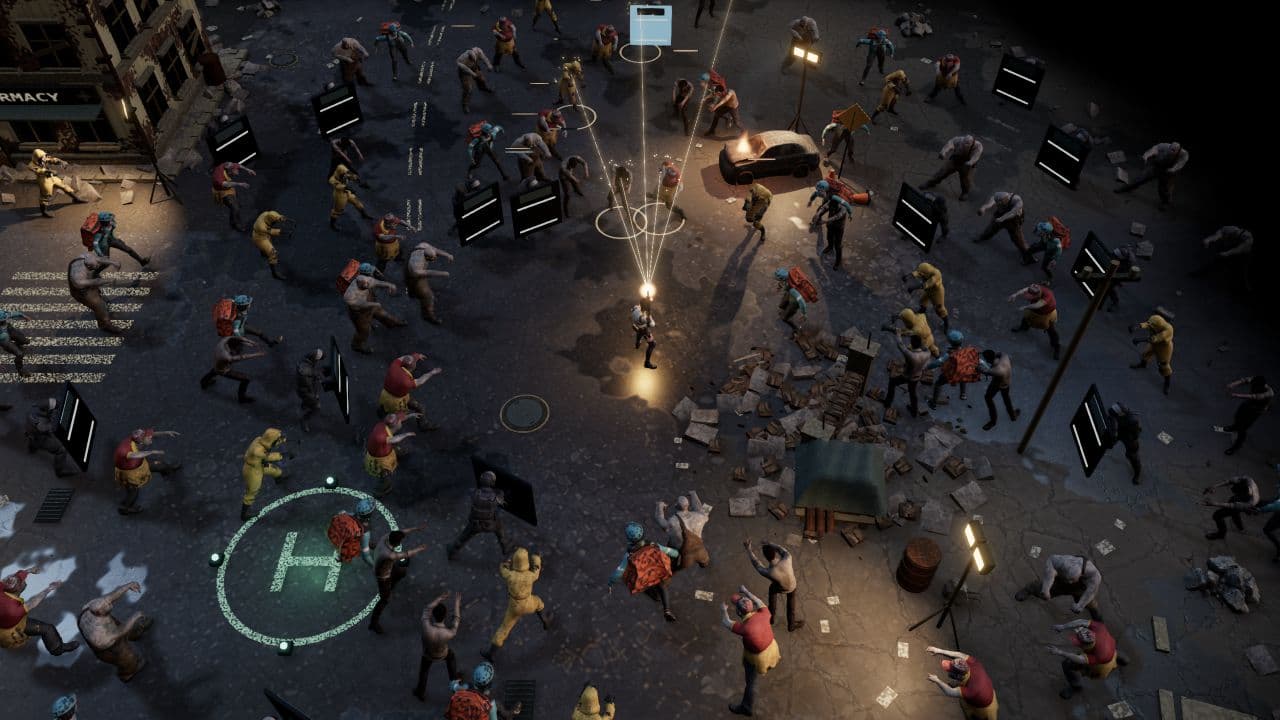 Zombie Defence — gameplay camera. Split-shot fire in the extraction yard, with zombies approaching from several directions.