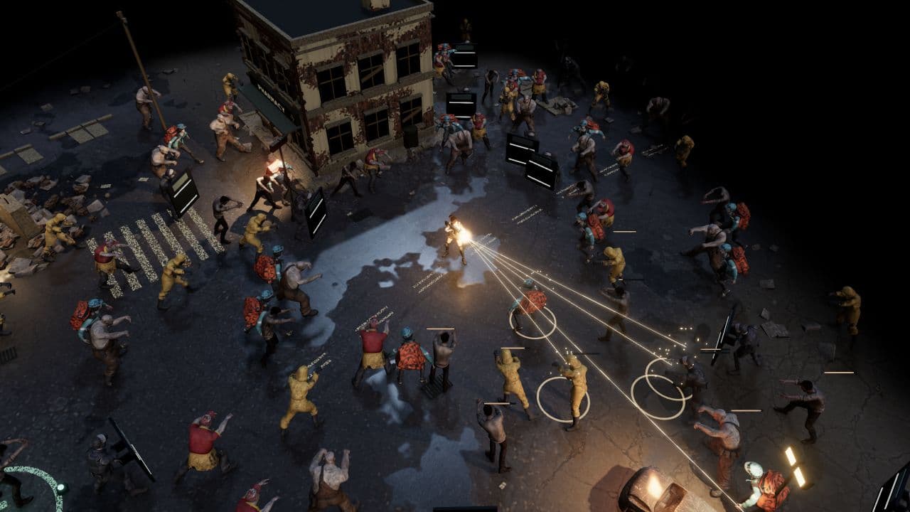 Zombie Defence — right oblique view. Split-shot fire in the extraction yard, with zombies approaching from several directions.