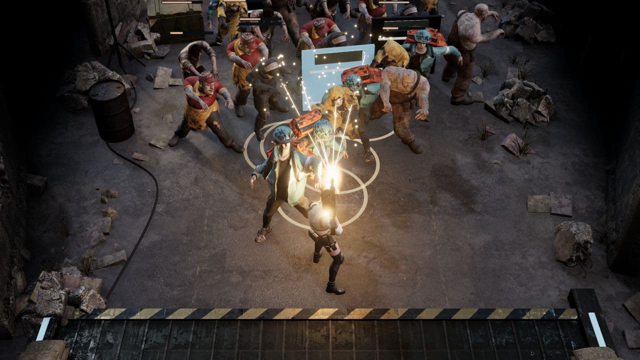 Zombie Defence — close view. Mara fires split-shot rounds into a horde on the approach to the shelter.