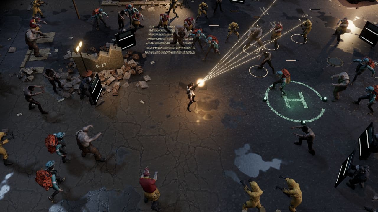 Zombie Defence — close view. Split-shot fire in the extraction yard, with zombies approaching from several directions.