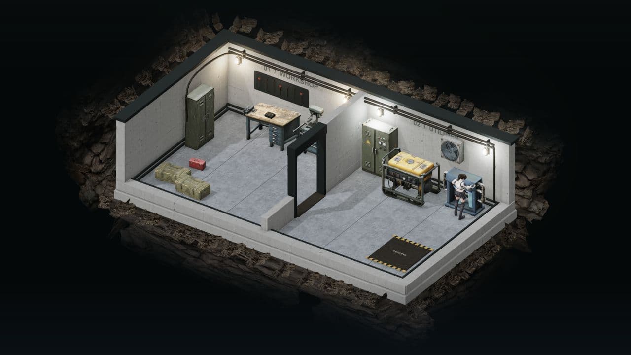 Zombie Defence — wide view. The shelter’s connected workshop and utilities rooms, with the HUD hidden.