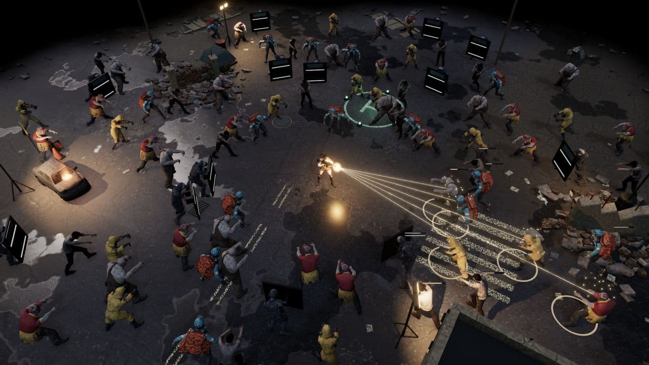 Zombie Defence — reverse angle. Split-shot fire in the extraction yard, with zombies approaching from several directions.
