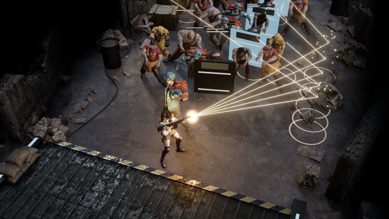 Zombie Defence — right oblique view. Mara fires split-shot rounds into a horde on the approach to the shelter.