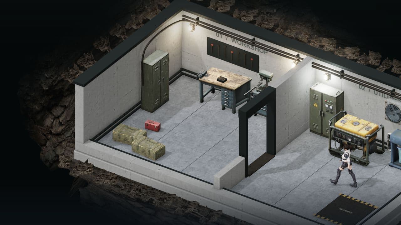 Zombie Defence — close view. A closer look at the salvage bench, tools and storage inside the shelter workshop.
