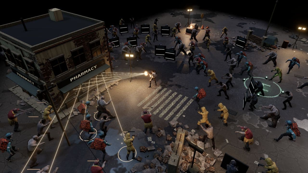 Zombie Defence — left oblique view. Split-shot fire in the extraction yard, with zombies approaching from several directions.