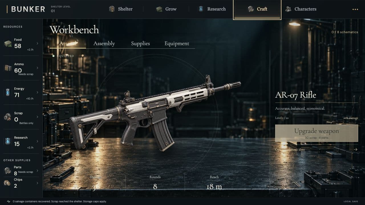 Zombie Defence — in-game interface. The AR-07 Rifle and its weapon-upgrade screen in the workbench.