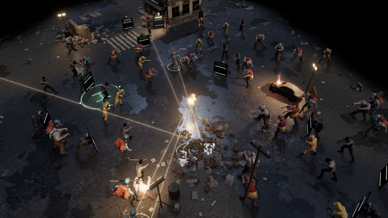 Zombie Defence — right oblique view. Split-shot fire in the extraction yard, with zombies approaching from several directions.