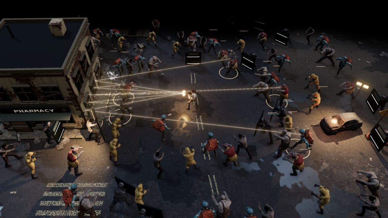 Zombie Defence — gameplay camera. Split-shot fire in the extraction yard, with zombies approaching from several directions.