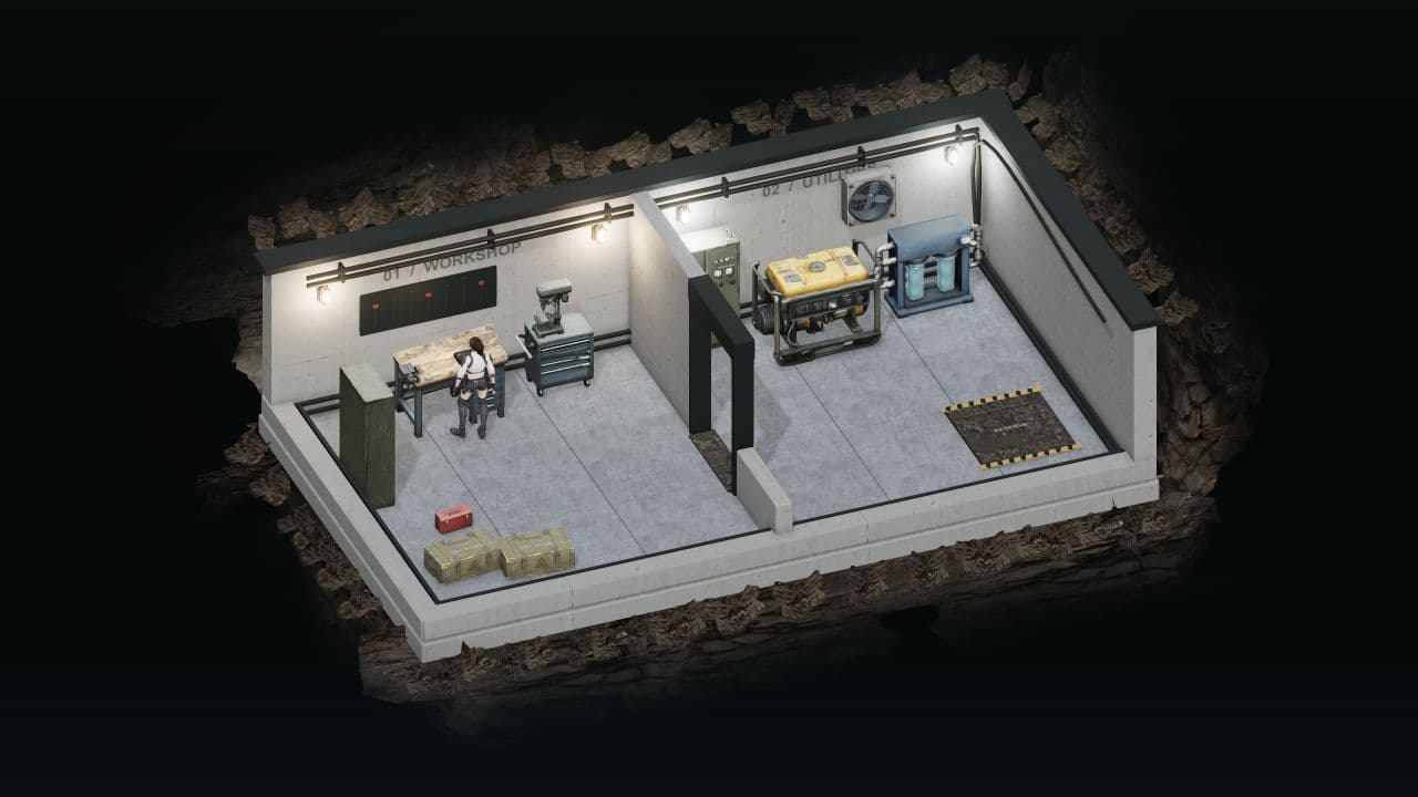 Zombie Defence — front view. The shelter’s connected workshop and utilities rooms, with the HUD hidden.