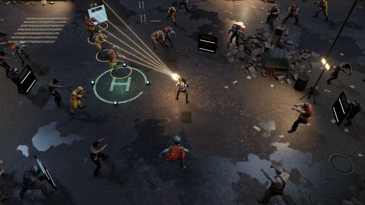 Zombie Defence — close view. Split-shot fire in the extraction yard, with zombies approaching from several directions.