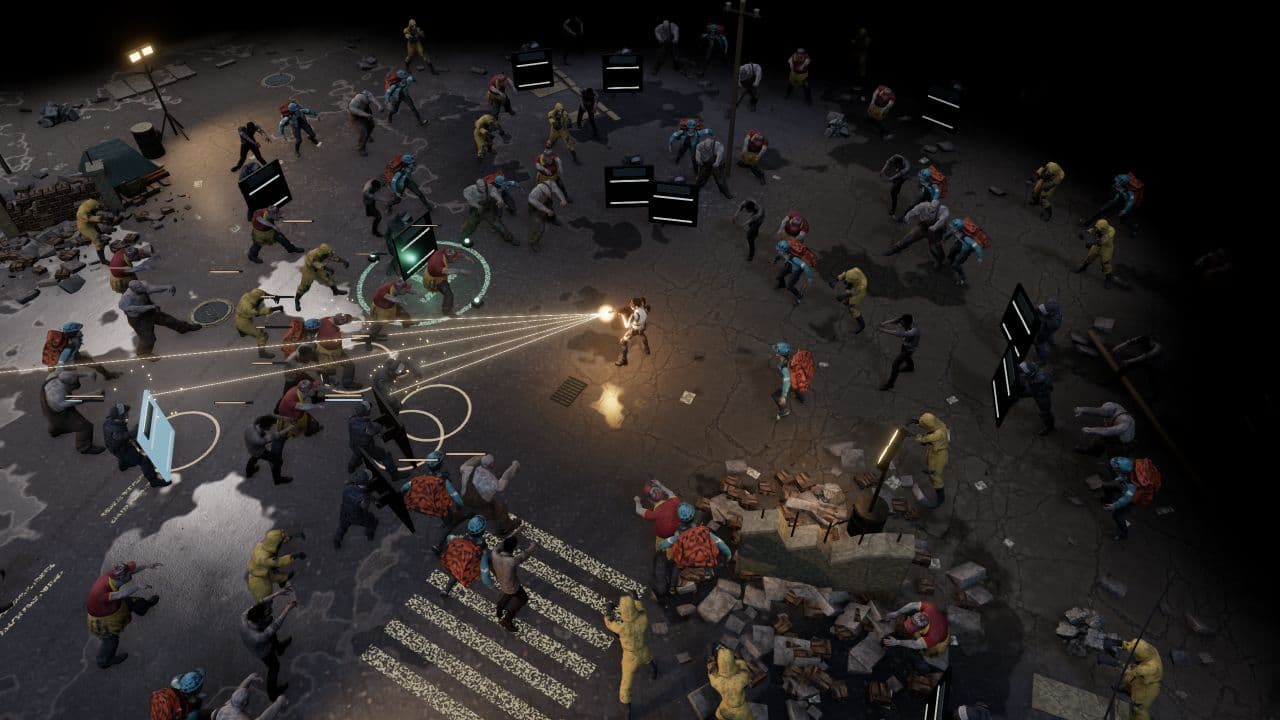 Zombie Defence — reverse angle. Split-shot fire in the extraction yard, with zombies approaching from several directions.