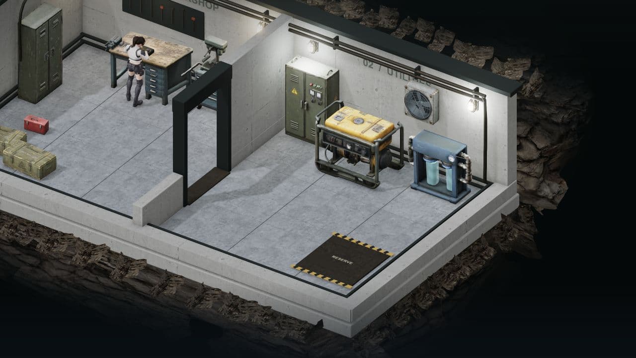 Zombie Defence — close view. The shelter’s generator, water purifier and reserve equipment bay.