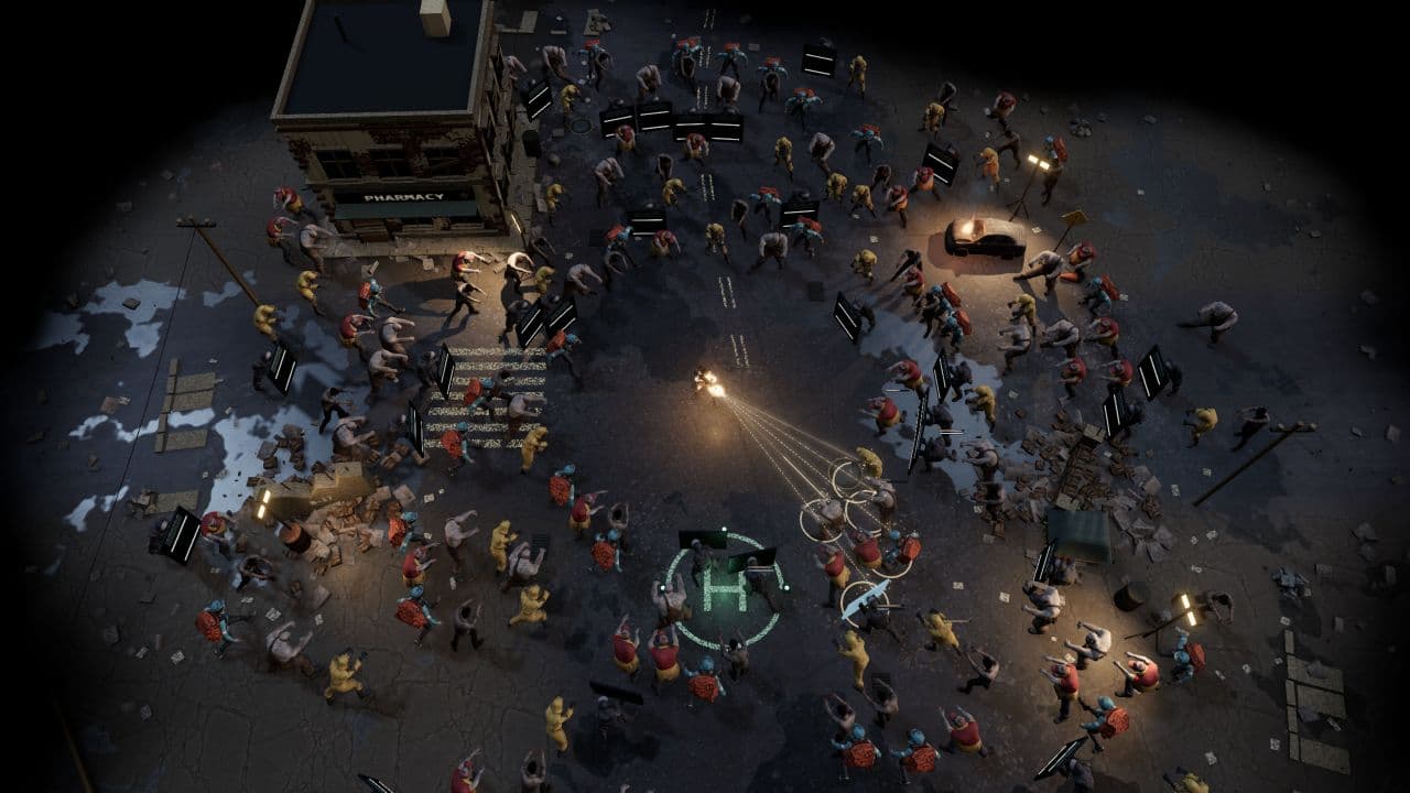 Zombie Defence — wide view. Split-shot fire in the extraction yard, with zombies approaching from several directions.