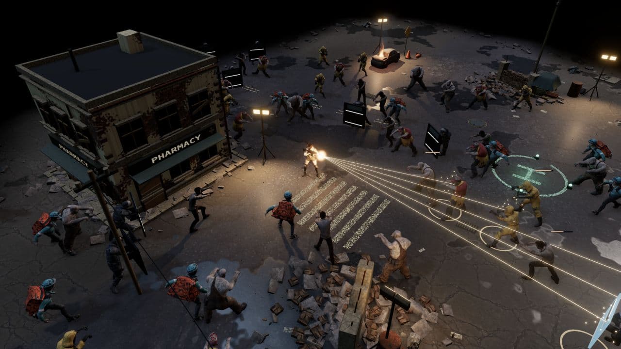 Zombie Defence — left oblique view. Split-shot fire in the extraction yard, with zombies approaching from several directions.