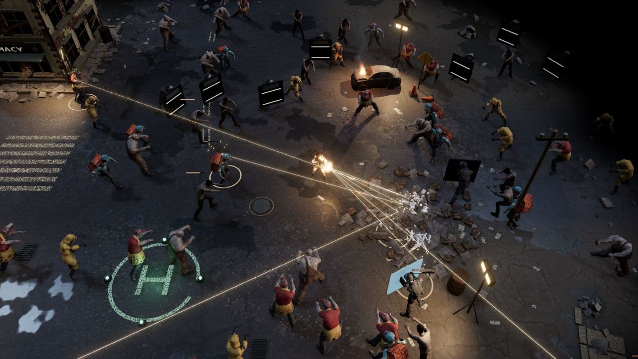 Zombie Defence — gameplay camera. Split-shot fire in the extraction yard, with zombies approaching from several directions.