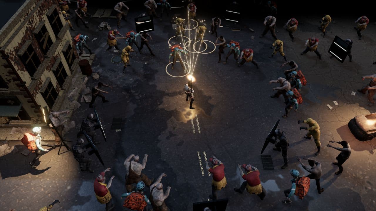 Zombie Defence — close view. Split-shot fire in the extraction yard, with zombies approaching from several directions.