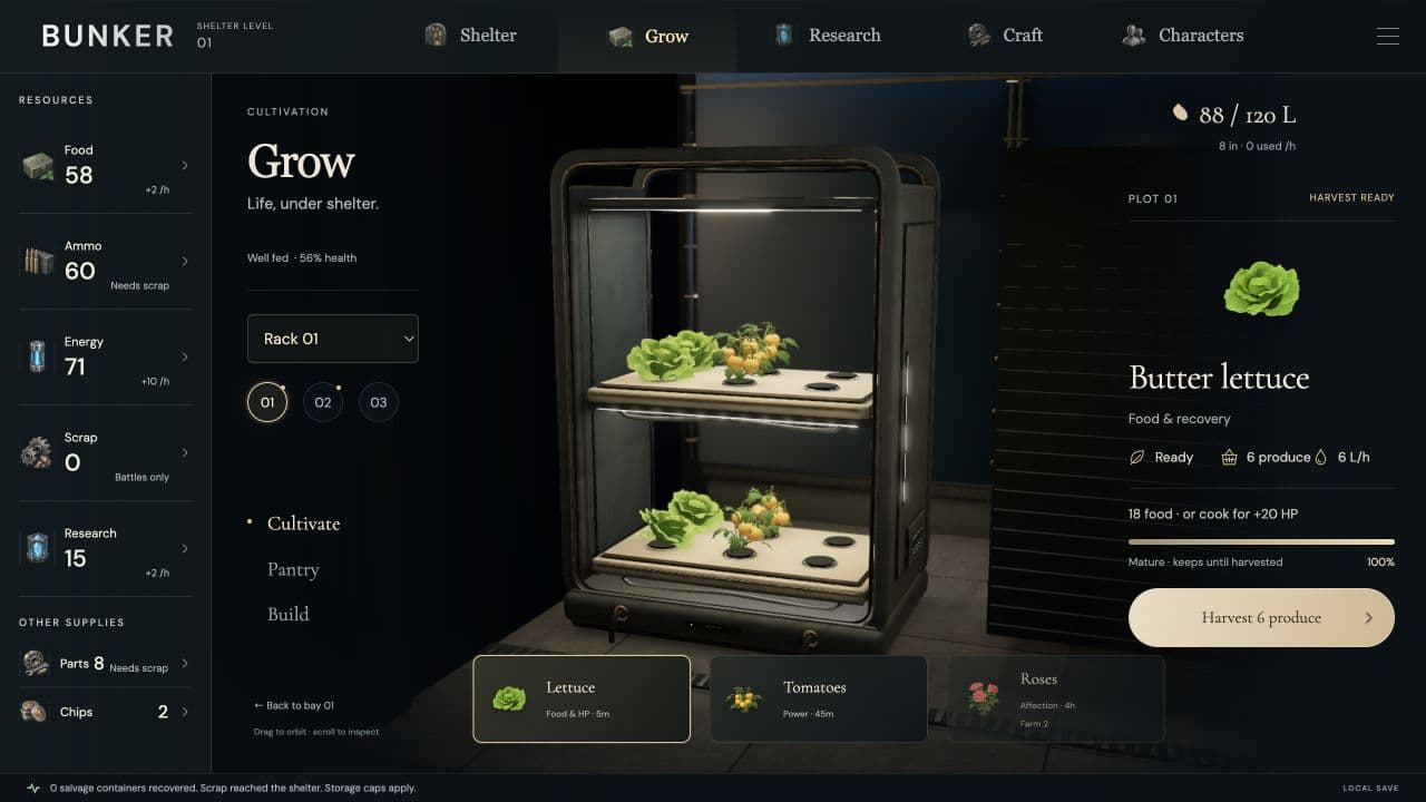 Zombie Defence — in-game interface. Lettuce and tomatoes growing inside the shelter, with the lettuce harvest ready.