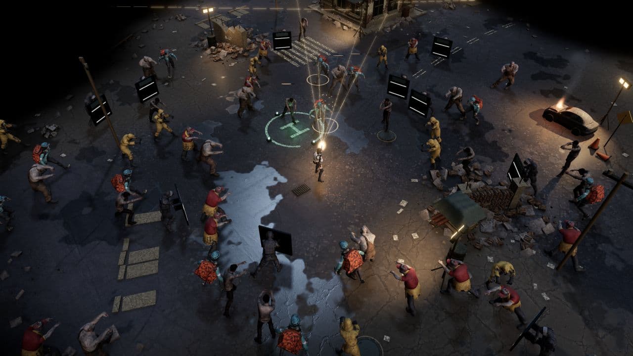 Zombie Defence — right oblique view. Split-shot fire in the extraction yard, with zombies approaching from several directions.