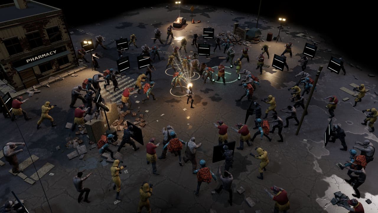 Zombie Defence — left oblique view. Split-shot fire in the extraction yard, with zombies approaching from several directions.