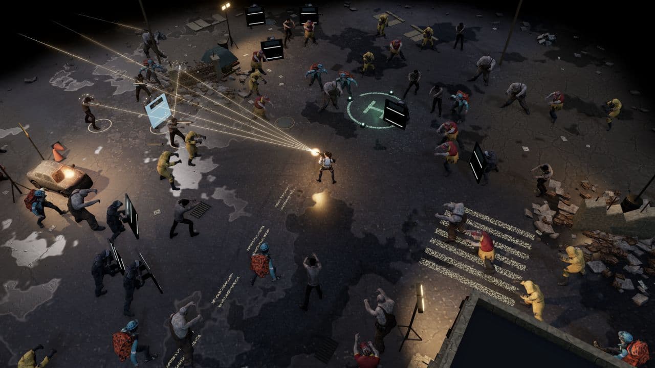 Zombie Defence — reverse angle. Split-shot fire in the extraction yard, with zombies approaching from several directions.