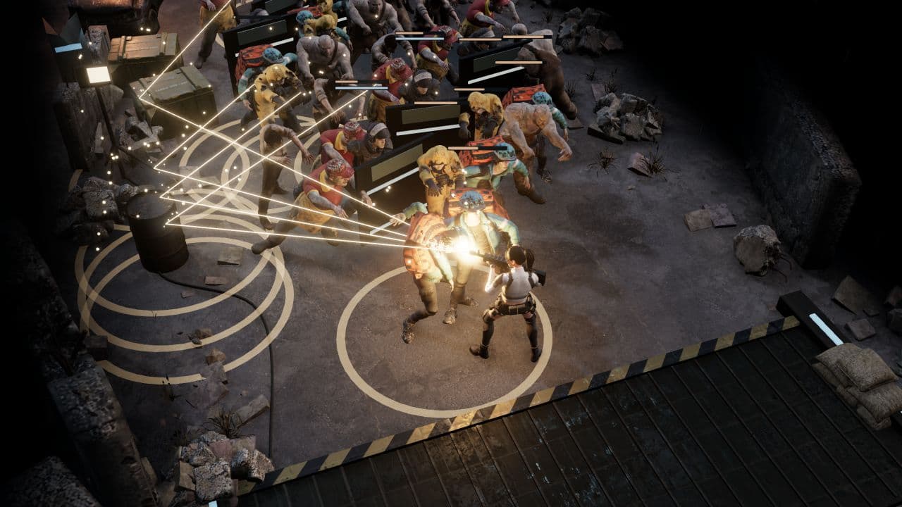 Zombie Defence — left oblique view. Mara fires split-shot rounds into a horde on the approach to the shelter.