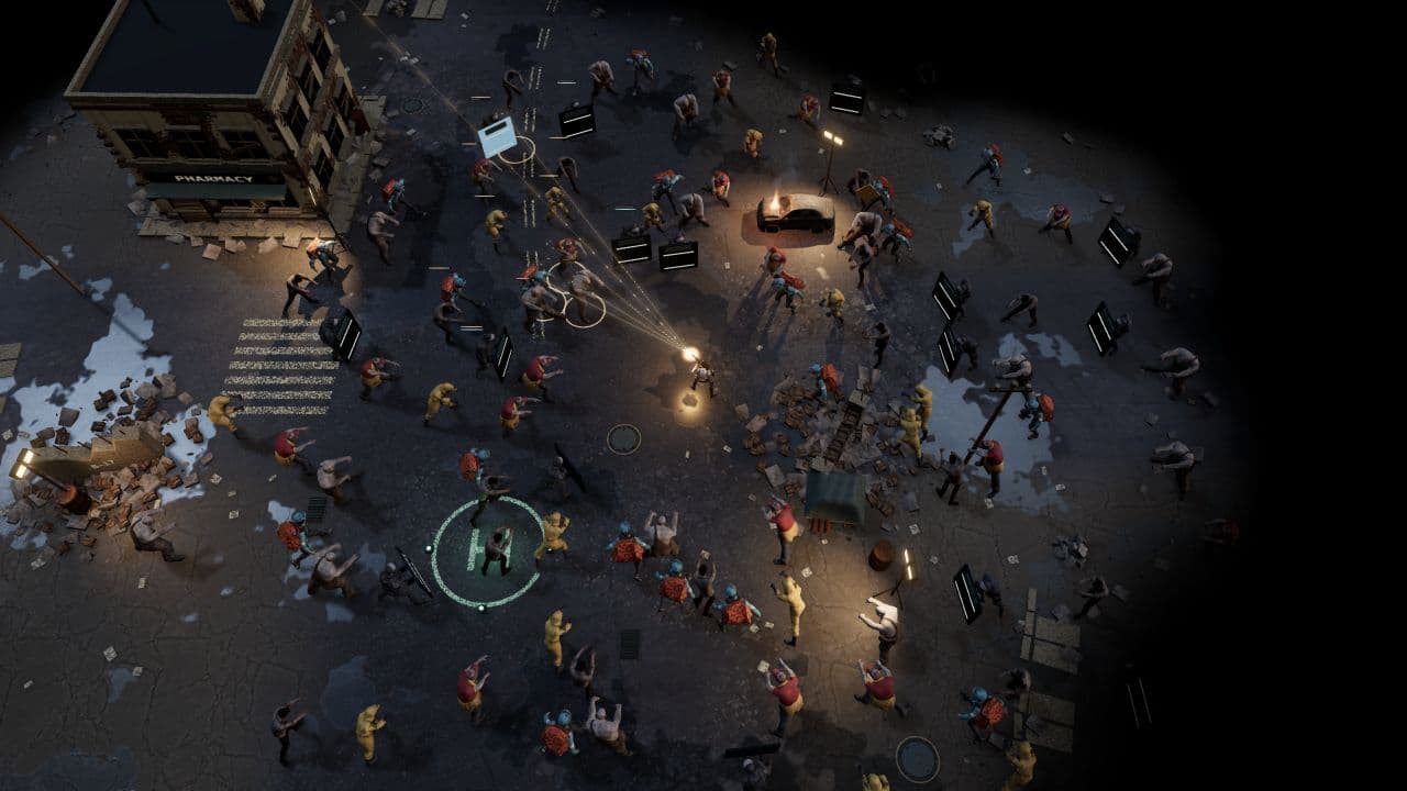 Zombie Defence — wide view. Split-shot fire in the extraction yard, with zombies approaching from several directions.