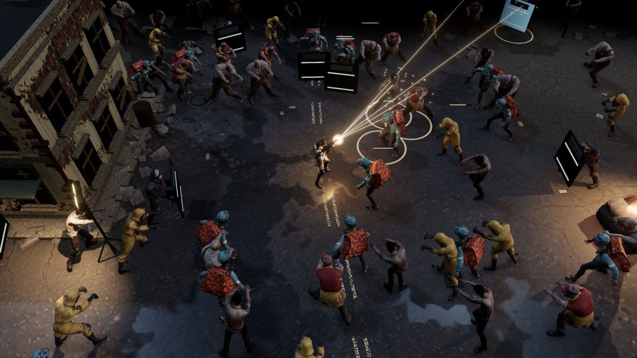 Zombie Defence — close view. Split-shot fire in the extraction yard, with zombies approaching from several directions.