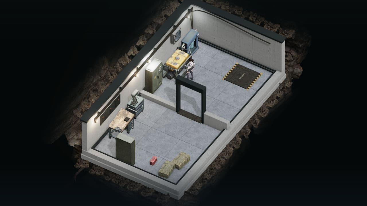 Zombie Defence — overhead view. The shelter’s connected workshop and utilities rooms, with the HUD hidden.