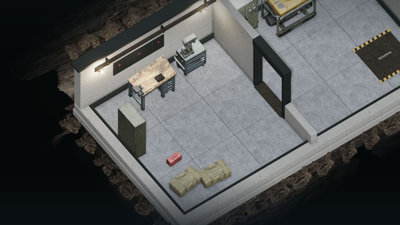 Zombie Defence — overhead view. A closer look at the salvage bench, tools and storage inside the shelter workshop.