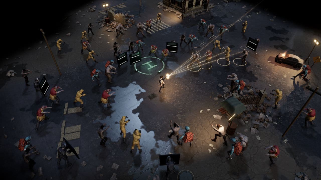 Zombie Defence — right oblique view. Split-shot fire in the extraction yard, with zombies approaching from several directions.