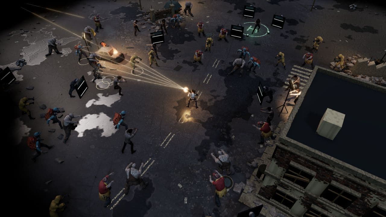 Ein Überlebender von Zombie Defence schießt bei einer Solo-Expedition zur Evakuierung über eine Straßenkreuzung.