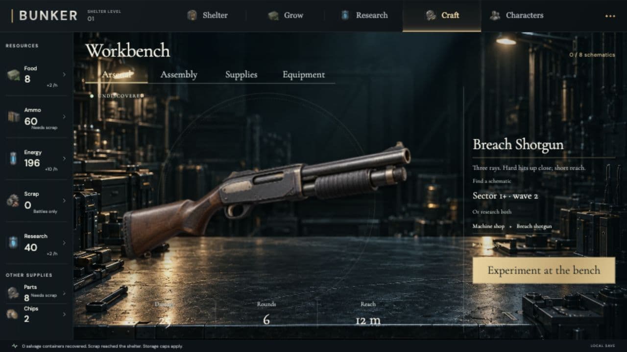 Zombie Defenceのワークベンチに、Breach Shotgunと設計図・研究の要件が表示されている。