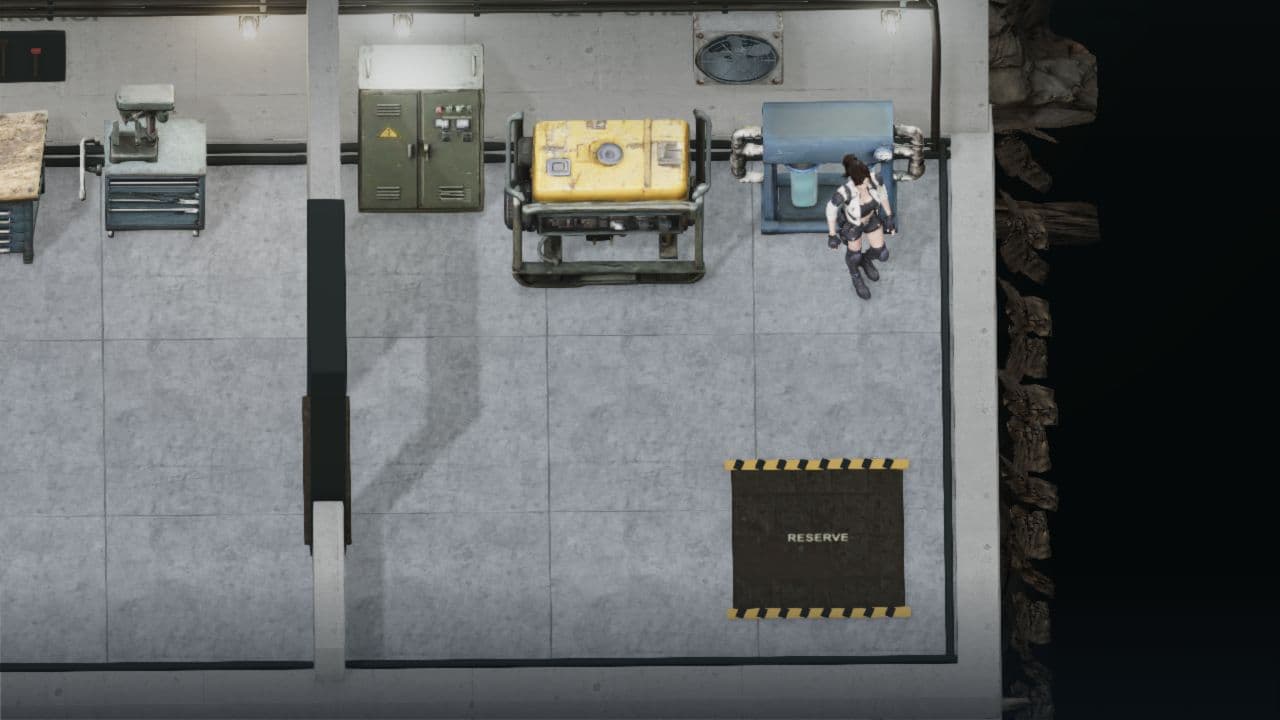 Zombie Defenceのシェルター設備室。発電機と浄水器があり、作業場のそばに住人が立っています。