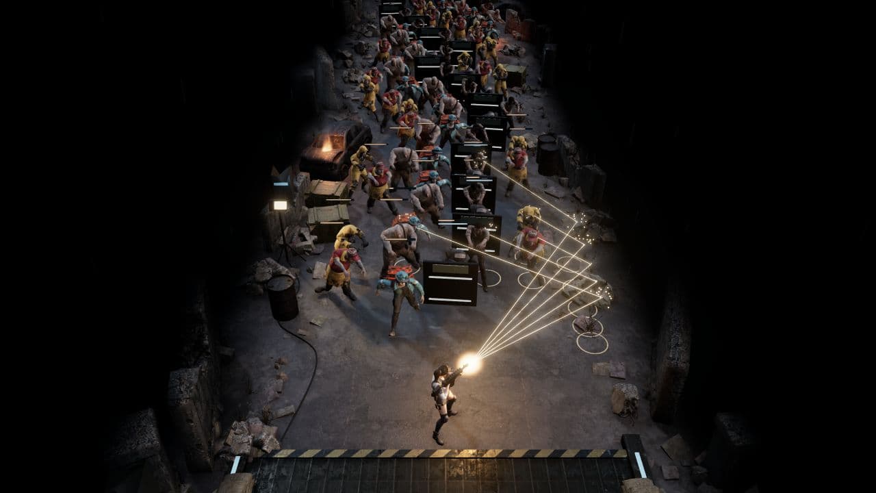 Zombie Defence in einer Browser-Entwicklungsversion mit einem Überlebenden, der auf eine herannahende Straßenhorde feuert.