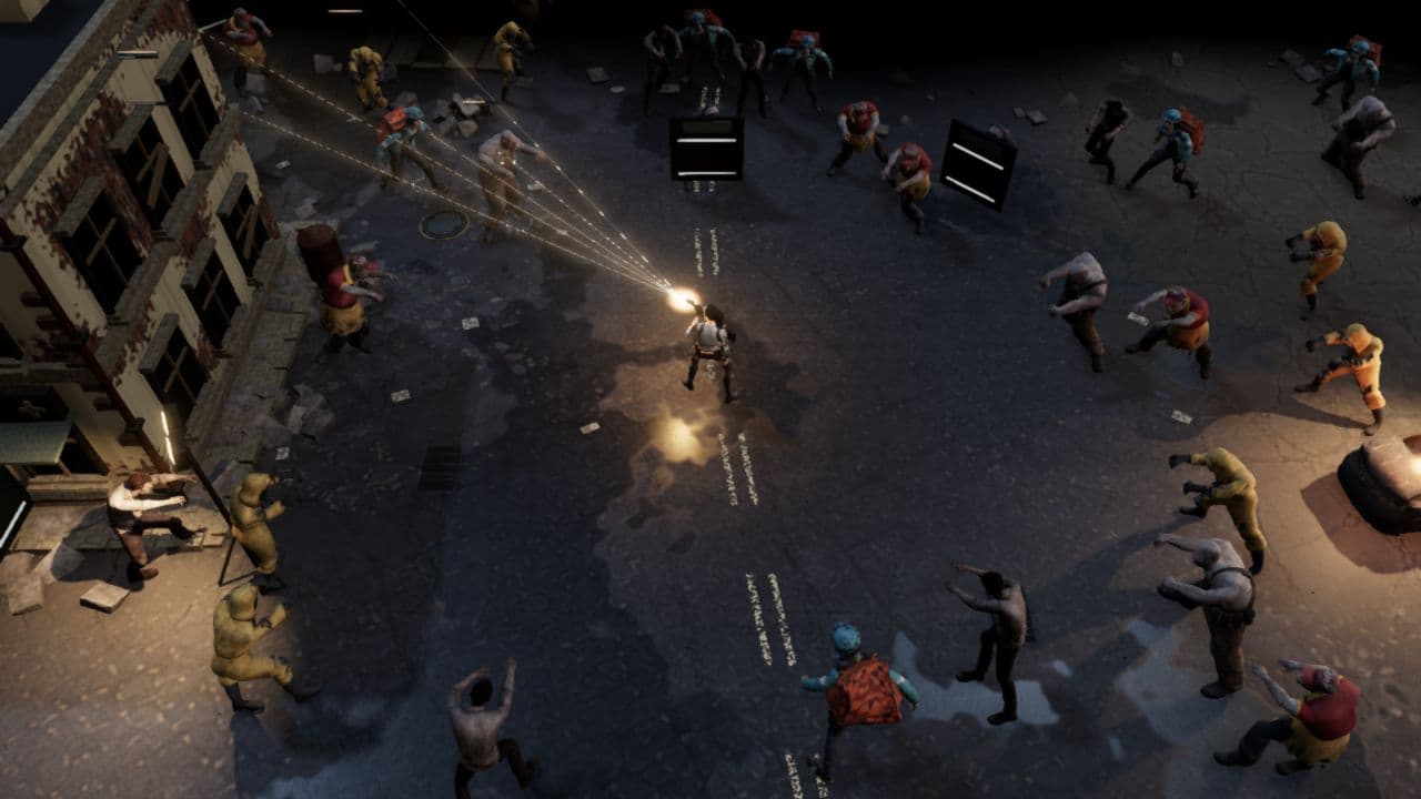 Zombie Defenceのブラウザー開発版。サバイバーが薬局の近くでゾンビに向けて発砲しています。